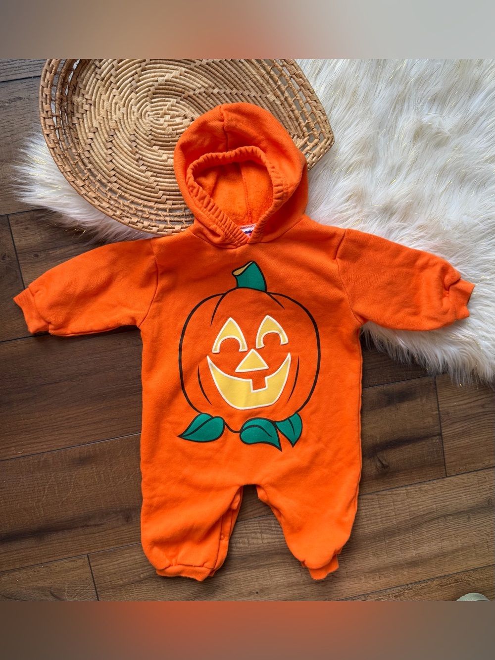 Vintage Circo Orange Hooded Pumpkin Jack-o'-lantern Graphic Romper Size 18 Month